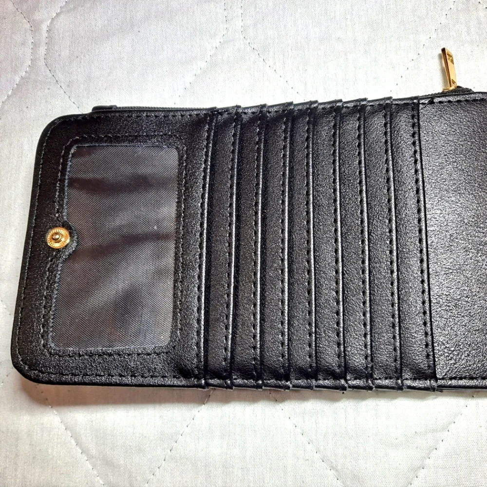 Tong Guang Purse Wallet 19 Credit Card Holder & 2 Zip Pockets Black/Gold Women's